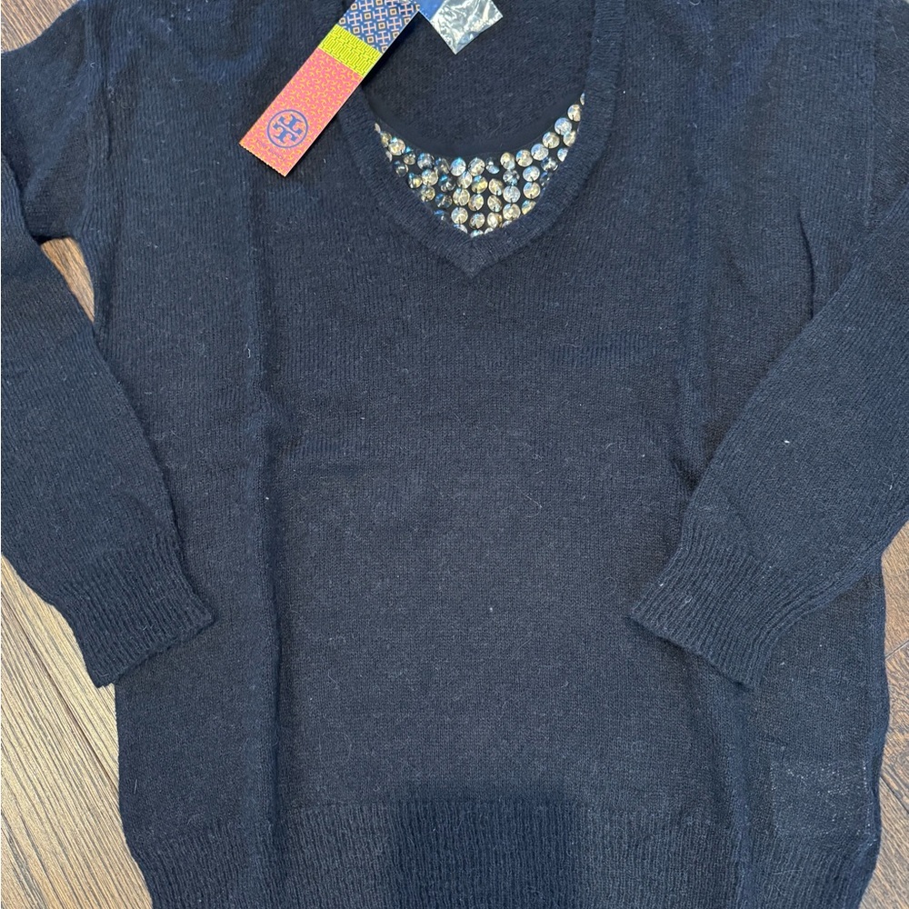 Tory Burch Black V-Neck Sweater with Embellished Detail